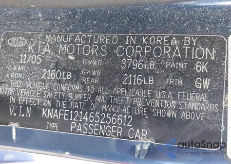 2006 Kia Spectra Ex/Lx/Sx из США, поврежденный, VIN KNAFE121465256612